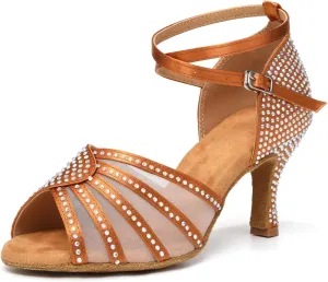 Women's Ballroom Dance Shoes Rhinestones Open Toe Professional Latin Salsa Performance Dancing Heels,Model YC-L598-Suede Sole-3Heel