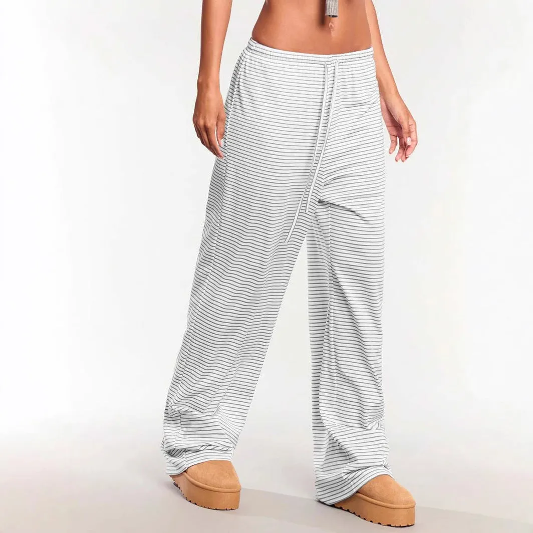 Womens Casual Pants  Cotton Blend  Relaxed Fit  Drawstring Waist  Vertical Stripes