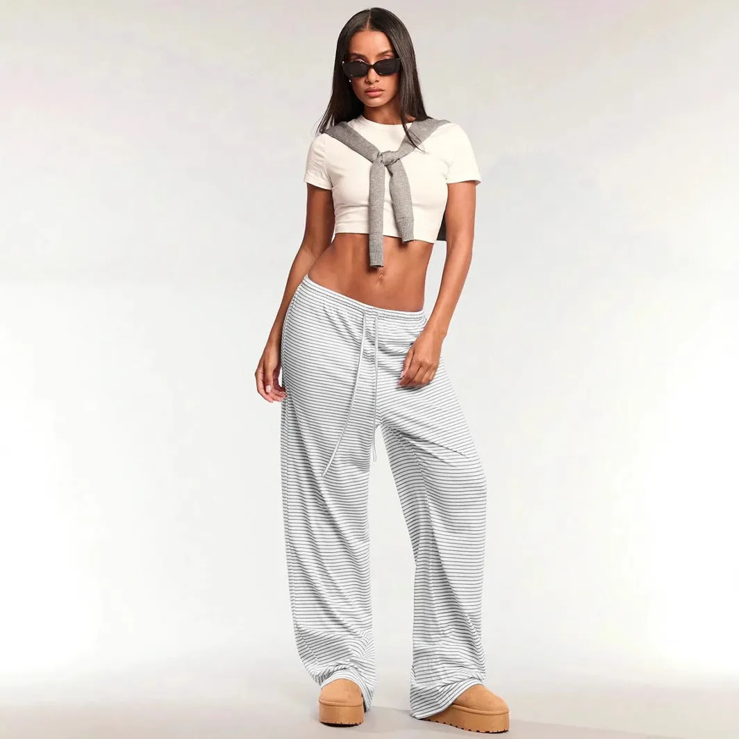 Womens Casual Pants  Cotton Blend  Relaxed Fit  Drawstring Waist  Vertical Stripes