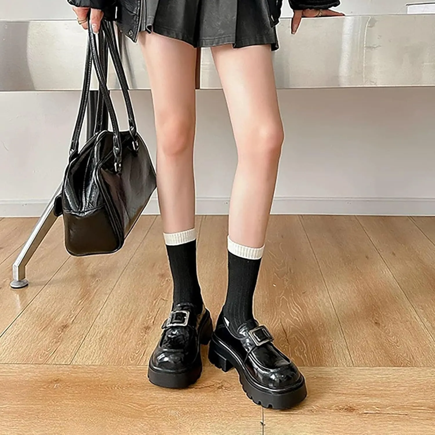 Women's Chunky Heel Brogues Oxford Shoes New British Style Buckle with Hidden Thick-Soled Heightening Women's New Leather Shoes