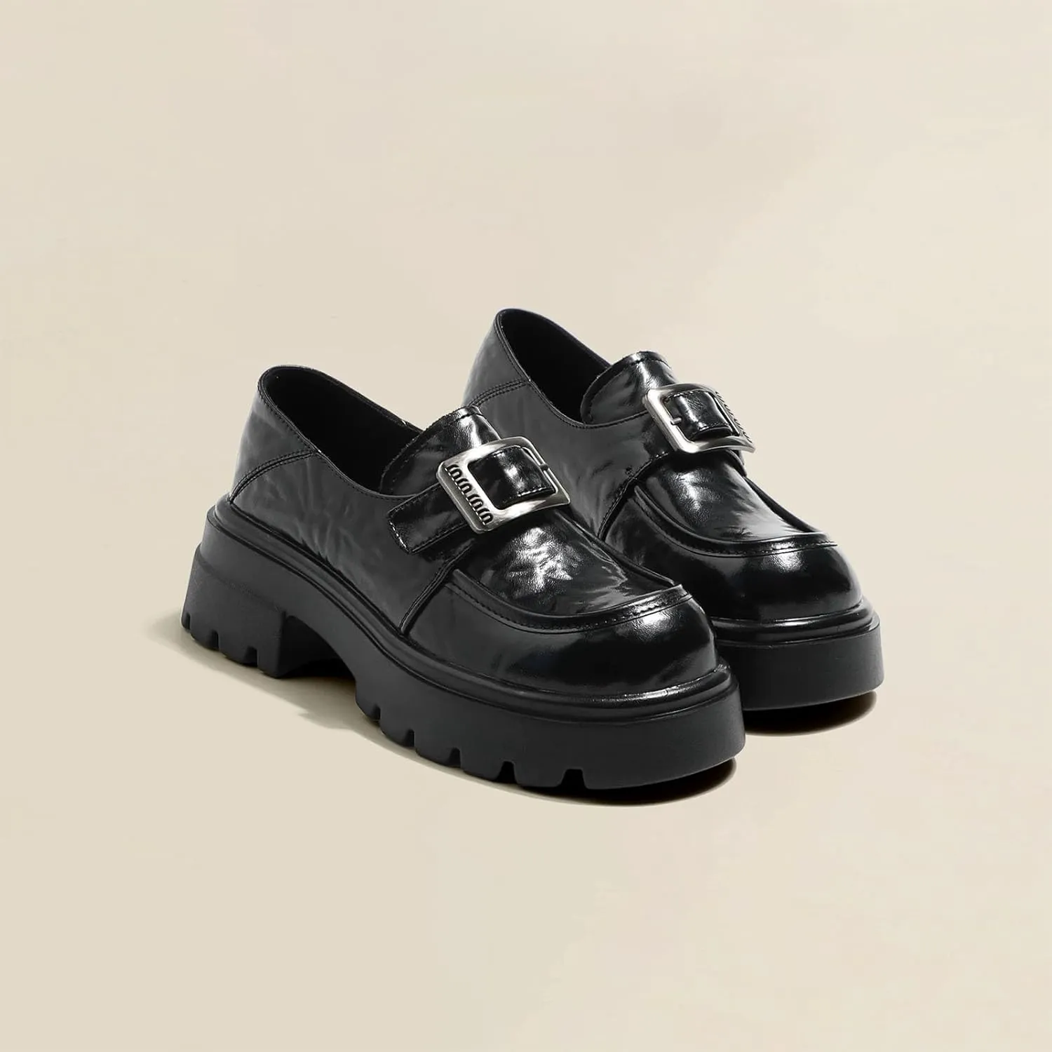 Women's Chunky Heel Brogues Oxford Shoes New British Style Buckle with Hidden Thick-Soled Heightening Women's New Leather Shoes