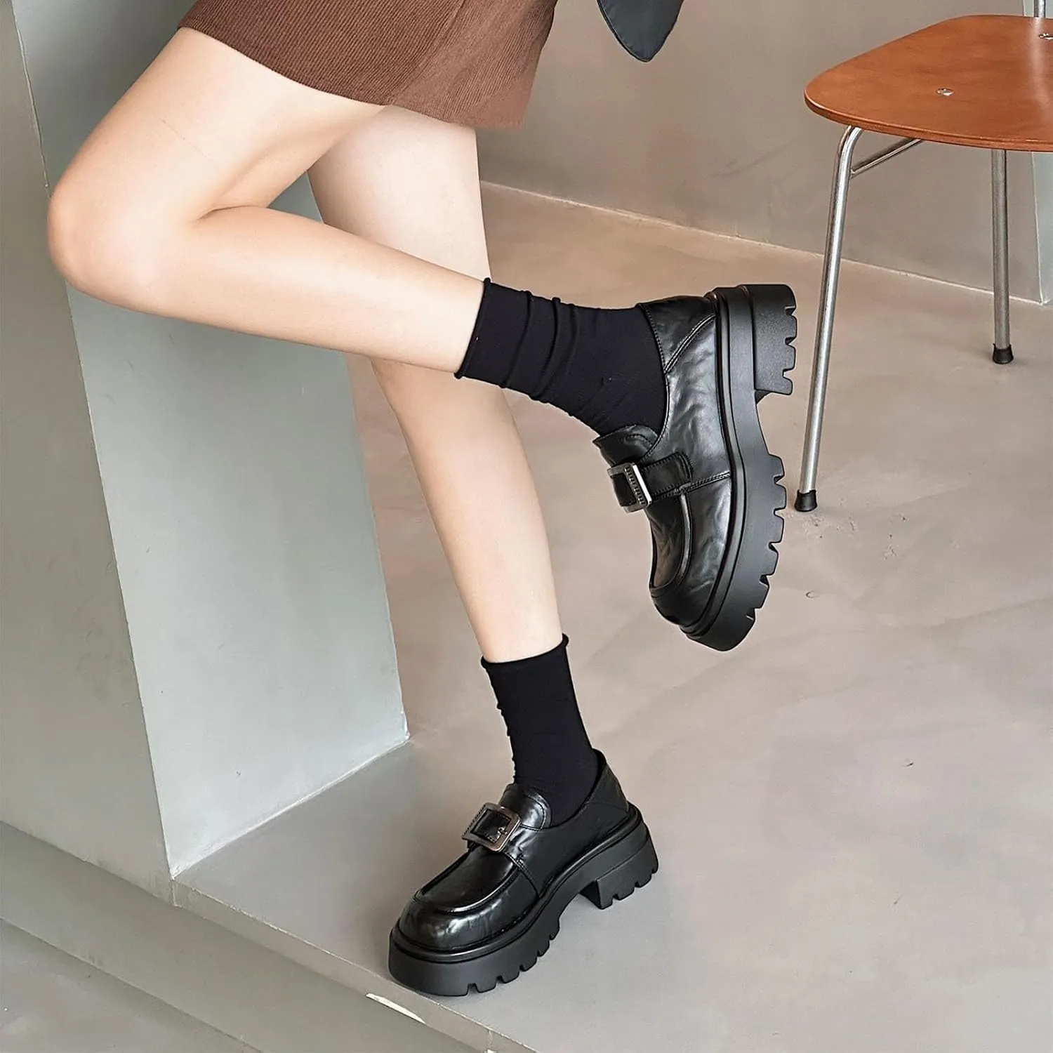 Women's Chunky Heel Brogues Oxford Shoes New British Style Buckle with Hidden Thick-Soled Heightening Women's New Leather Shoes