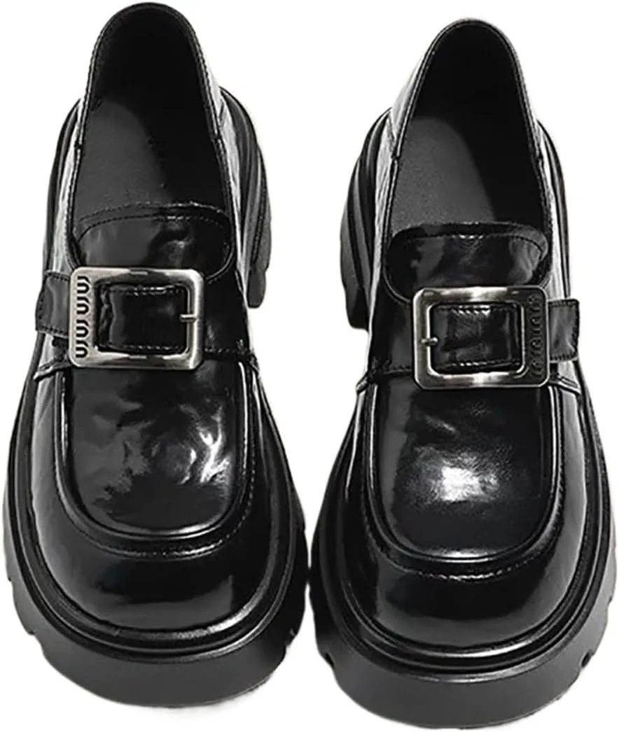 Women's Chunky Heel Brogues Oxford Shoes New British Style Buckle with Hidden Thick-Soled Heightening Women's New Leather Shoes
