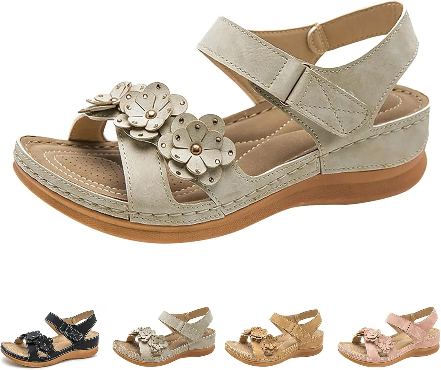 Womens Dressy Sandals Beach Summer Flower Leather Flat Sandals with Ankle Strap Open Toe Bohemian Lightweight Sandal Comfortable Walking Sandal