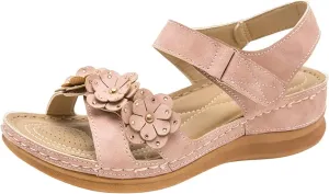 Womens Dressy Sandals Beach Summer Flower Leather Flat Sandals with Ankle Strap Open Toe Bohemian Lightweight Sandal Comfortable Walking Sandal