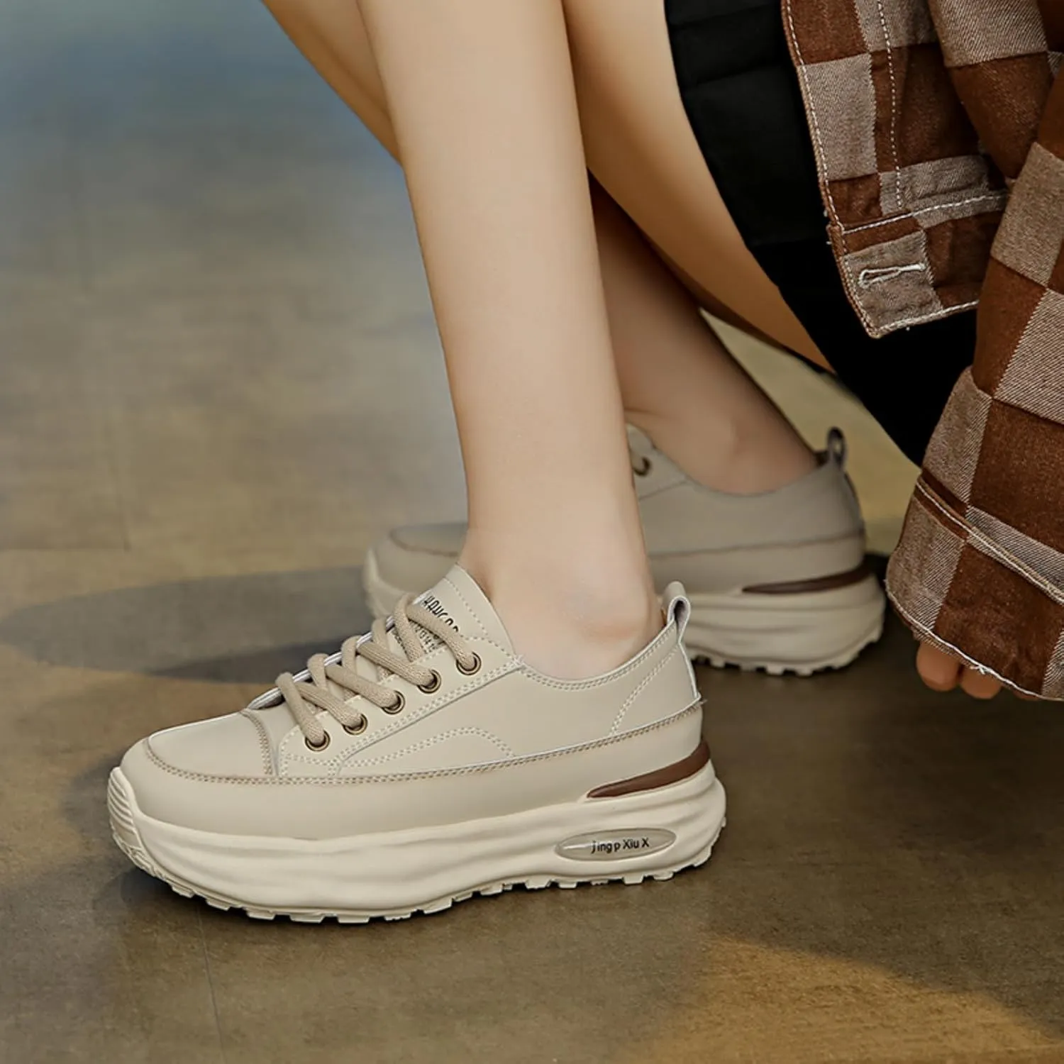 Womens Fashion Leather Platform Lace Up Sneakers Casual Round Toe Non Slip Flat Loafers Walking Workout Shoes