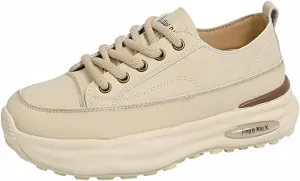 Womens Fashion Leather Platform Lace Up Sneakers Casual Round Toe Non Slip Flat Loafers Walking Workout Shoes
