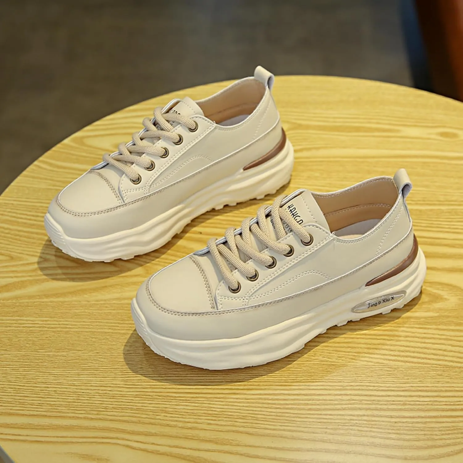 Womens Fashion Leather Platform Lace Up Sneakers Casual Round Toe Non Slip Flat Loafers Walking Workout Shoes