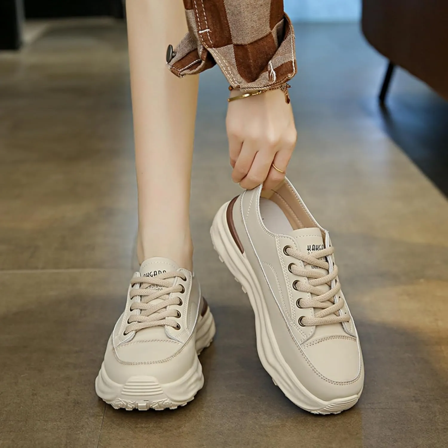 Womens Fashion Leather Platform Lace Up Sneakers Casual Round Toe Non Slip Flat Loafers Walking Workout Shoes