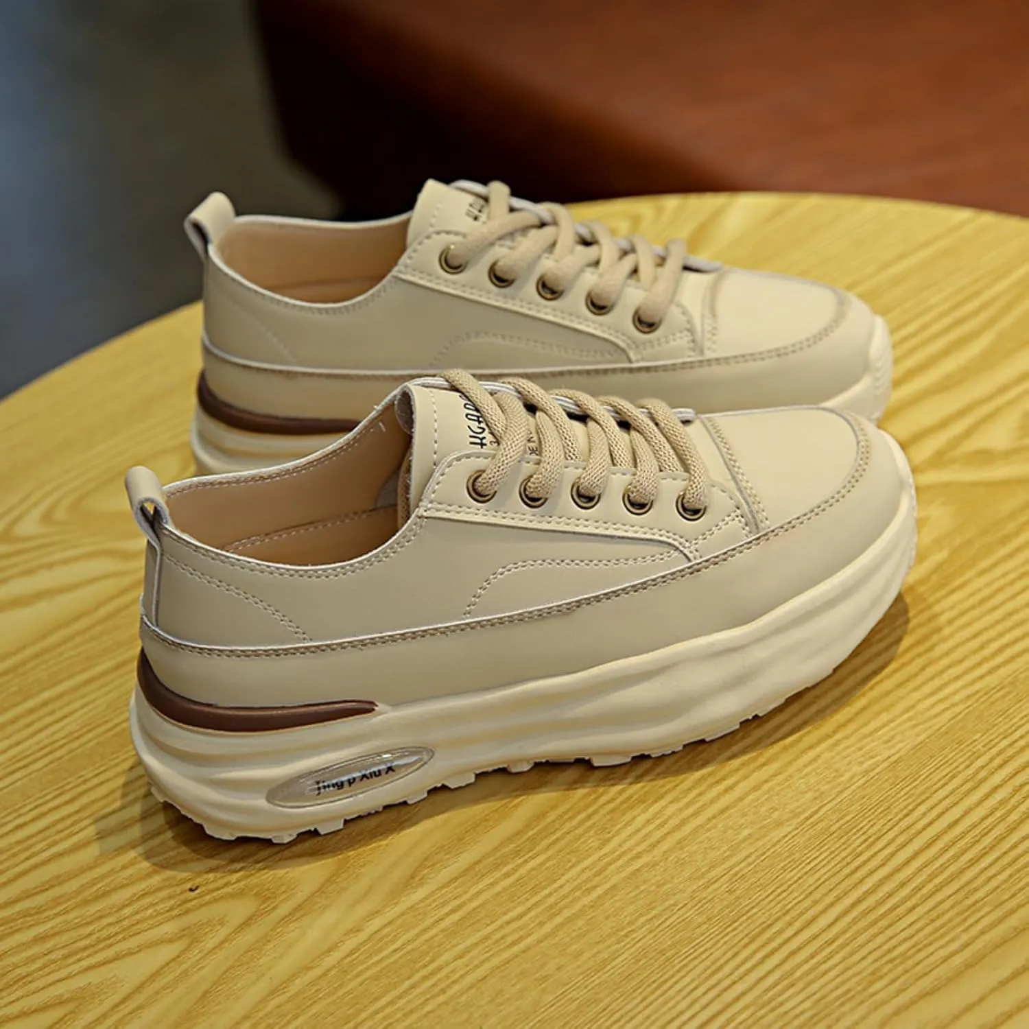 Womens Fashion Leather Platform Lace Up Sneakers Casual Round Toe Non Slip Flat Loafers Walking Workout Shoes