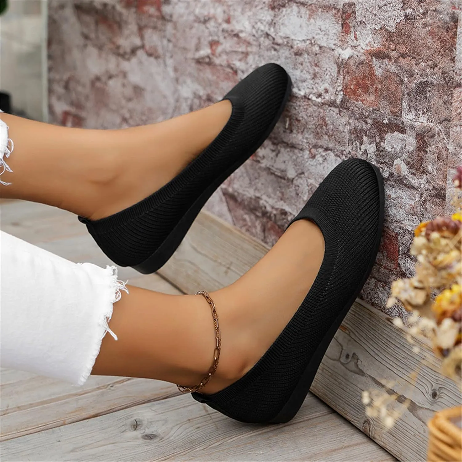 Women's Flat Ballet Shoes Knit Flat Shoes Round Toe Slip on Women Flats for Dressy Casual Office Work Wedding
