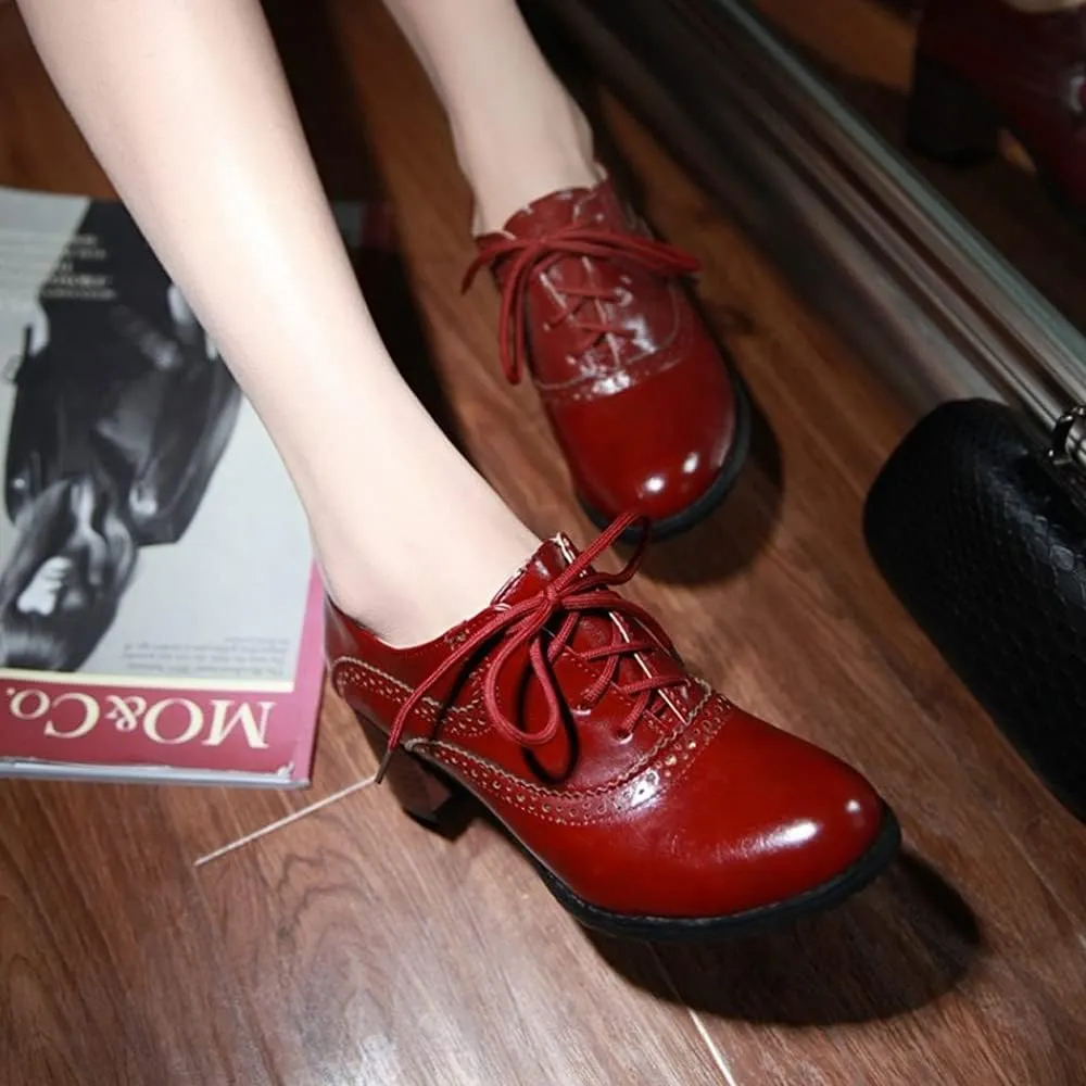 Women's Leather Vintage Oxfords Brogues Lace up Chunky Stacked Mid Heel Pumps Round Toe Dress Shoes