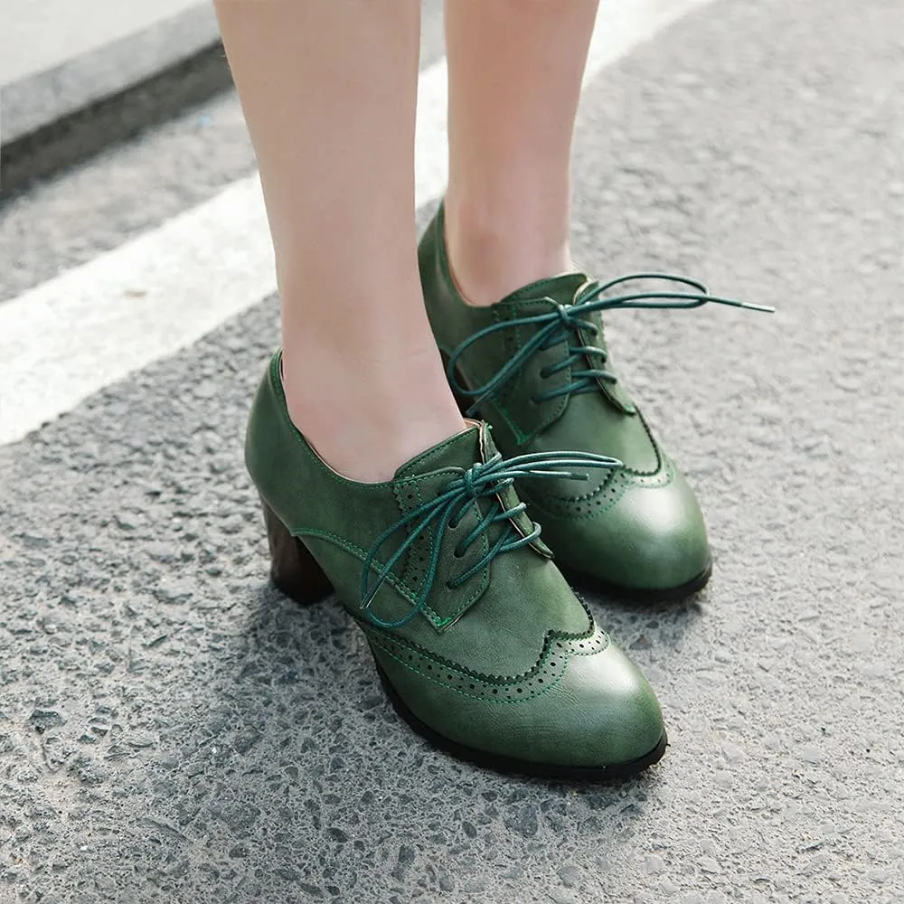 Women's Leather Vintage Oxfords Brogues Lace up Chunky Stacked Mid Heel Pumps Round Toe Dress Shoes