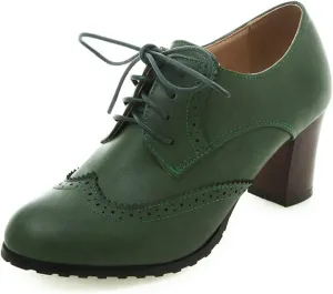 Women's Leather Vintage Oxfords Brogues Lace up Chunky Stacked Mid Heel Pumps Round Toe Dress Shoes