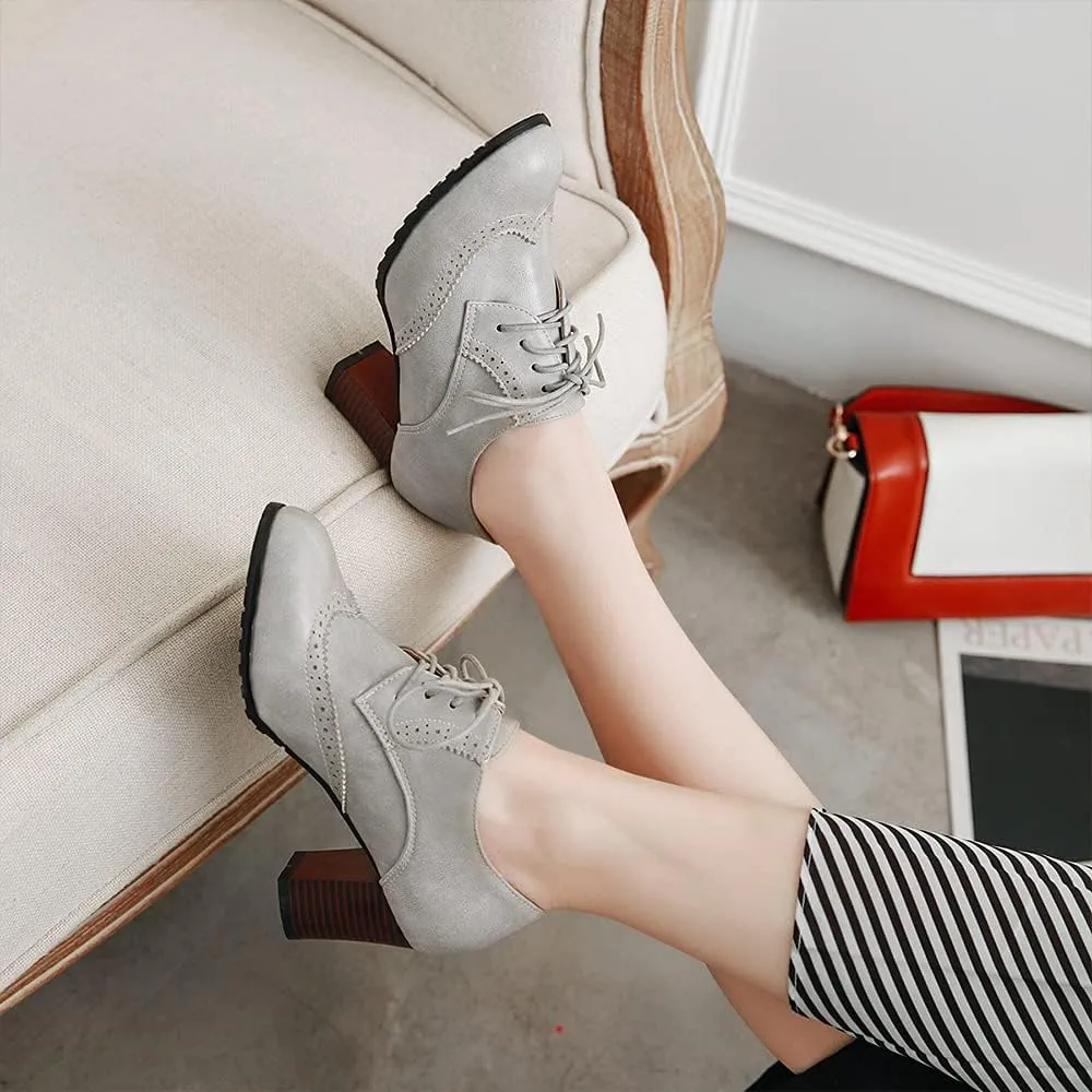 Women's Leather Vintage Oxfords Brogues Lace up Chunky Stacked Mid Heel Pumps Round Toe Dress Shoes