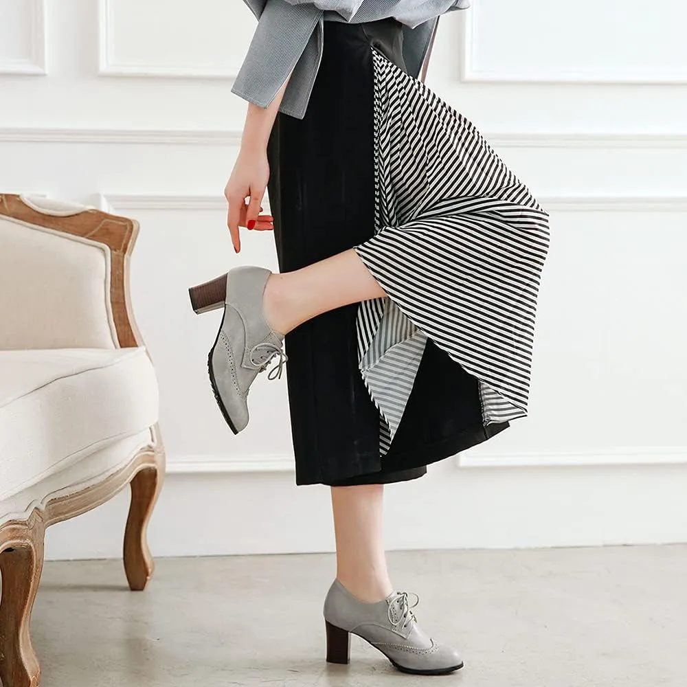 Women's Leather Vintage Oxfords Brogues Lace up Chunky Stacked Mid Heel Pumps Round Toe Dress Shoes
