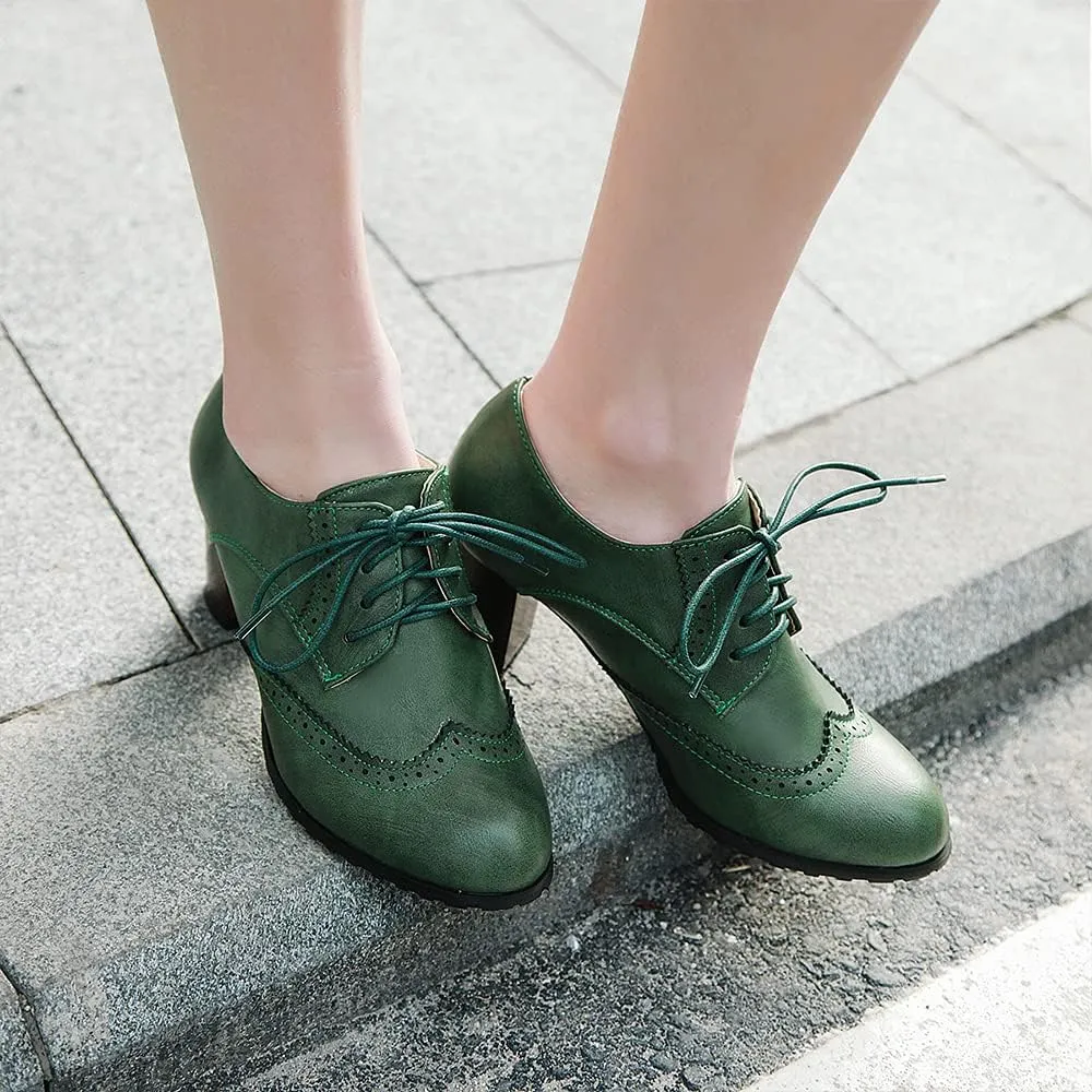 Women's Leather Vintage Oxfords Brogues Lace up Chunky Stacked Mid Heel Pumps Round Toe Dress Shoes
