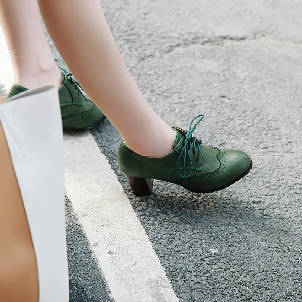 Women's Leather Vintage Oxfords Brogues Lace up Chunky Stacked Mid Heel Pumps Round Toe Dress Shoes