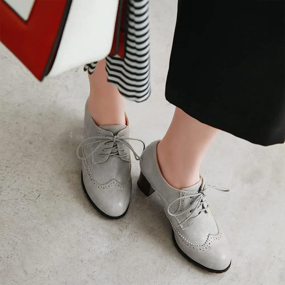 Women's Leather Vintage Oxfords Brogues Lace up Chunky Stacked Mid Heel Pumps Round Toe Dress Shoes