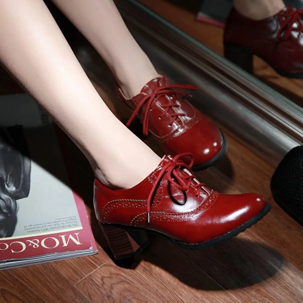 Women's Leather Vintage Oxfords Brogues Lace up Chunky Stacked Mid Heel Pumps Round Toe Dress Shoes