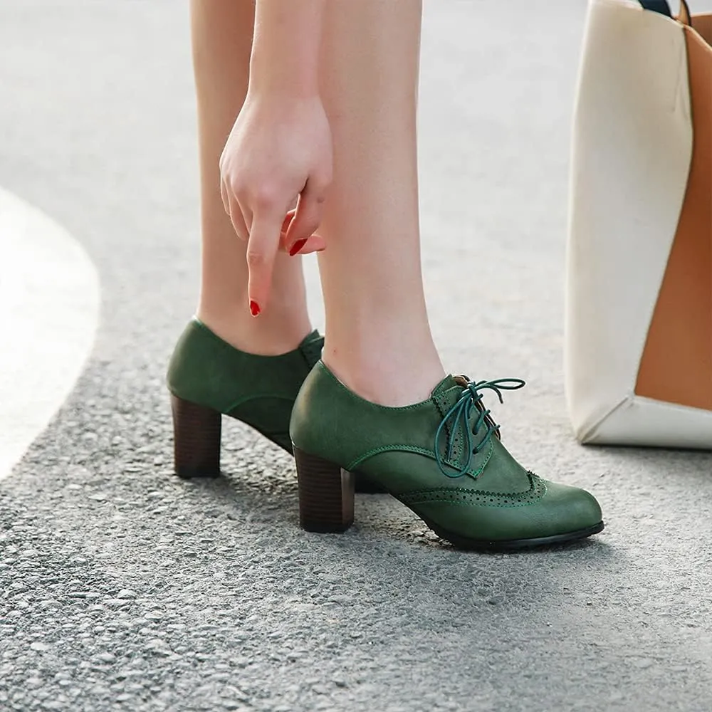Women's Leather Vintage Oxfords Brogues Lace up Chunky Stacked Mid Heel Pumps Round Toe Dress Shoes