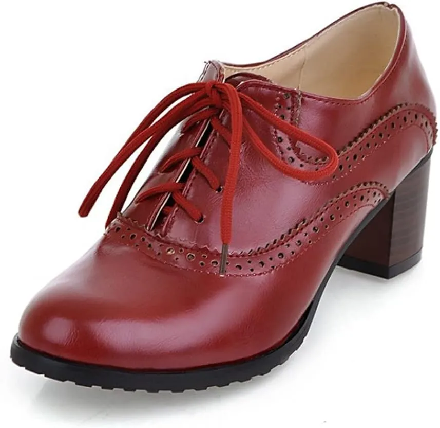 Women's Leather Vintage Oxfords Brogues Lace up Chunky Stacked Mid Heel Pumps Round Toe Dress Shoes