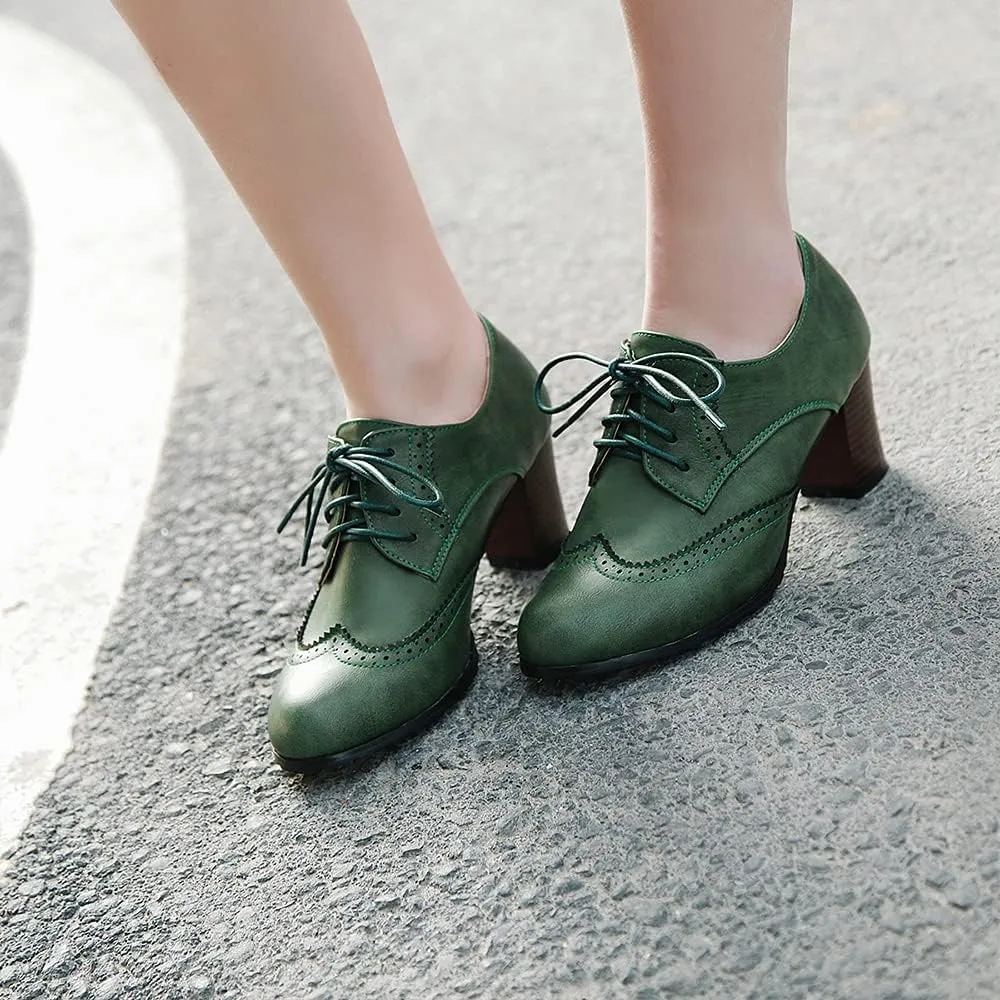 Women's Leather Vintage Oxfords Brogues Lace up Chunky Stacked Mid Heel Pumps Round Toe Dress Shoes