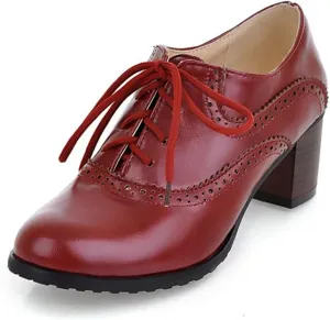 Women's Leather Vintage Oxfords Brogues Lace up Chunky Stacked Mid Heel Pumps Round Toe Dress Shoes