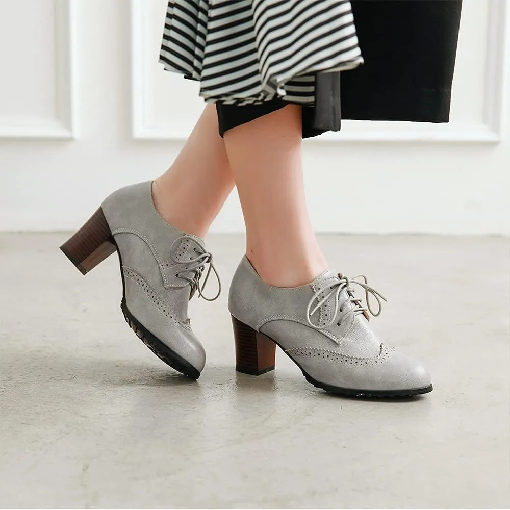 Women's Leather Vintage Oxfords Brogues Lace up Chunky Stacked Mid Heel Pumps Round Toe Dress Shoes