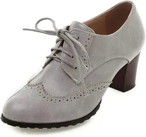 Women's Leather Vintage Oxfords Brogues Lace up Chunky Stacked Mid Heel Pumps Round Toe Dress Shoes