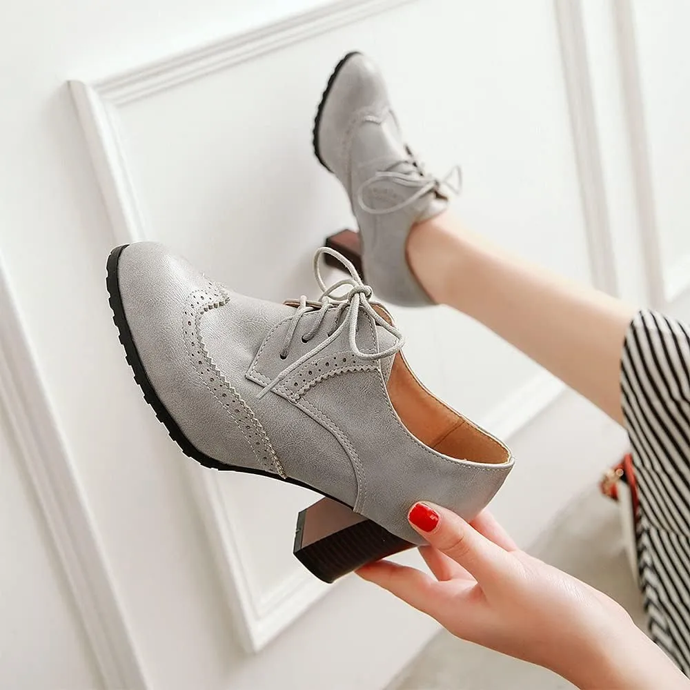 Women's Leather Vintage Oxfords Brogues Lace up Chunky Stacked Mid Heel Pumps Round Toe Dress Shoes