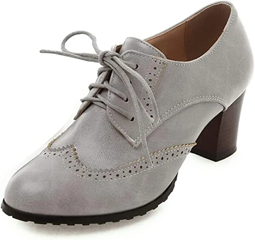 Women's Leather Vintage Oxfords Brogues Lace up Chunky Stacked Mid Heel Pumps Round Toe Dress Shoes