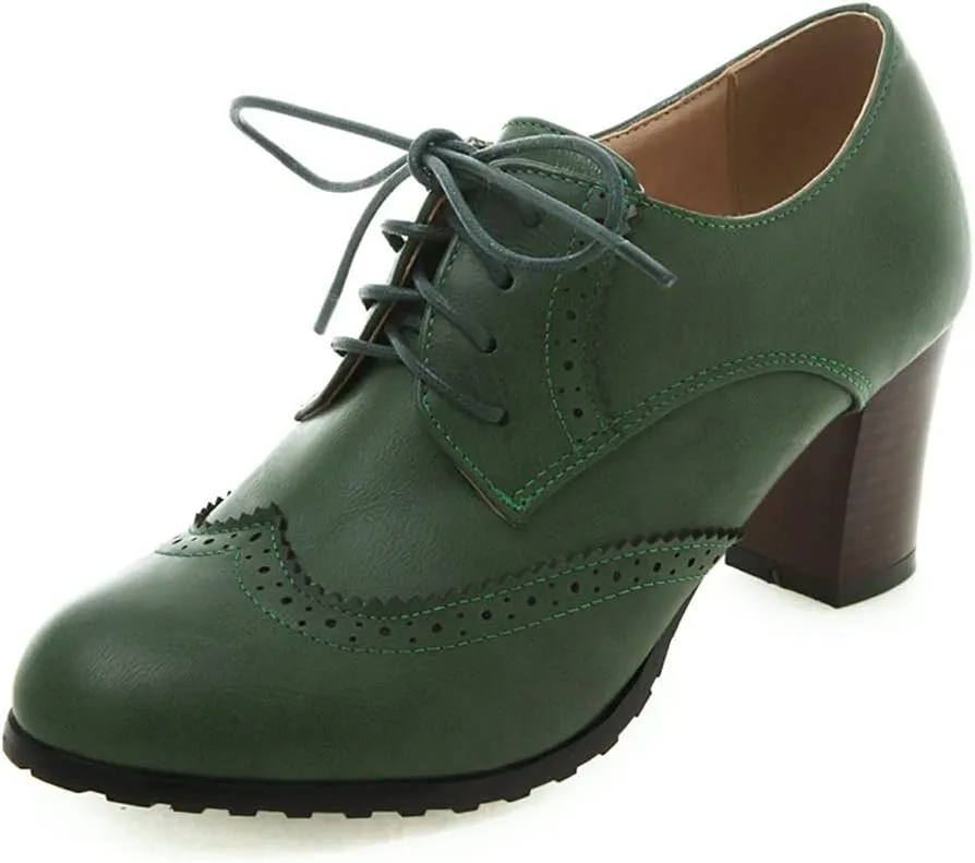 Women's Leather Vintage Oxfords Brogues Lace up Chunky Stacked Mid Heel Pumps Round Toe Dress Shoes