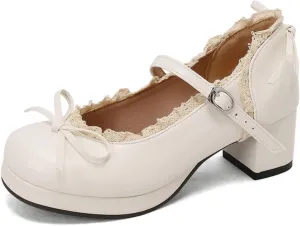 Women's Platform Mary Janes Cute Sweet Bow Lolita Oxfords Shoes Fashion Lace Round Closed Toe Ankle Strap Buckle Low Chunky Heel Block Wedding Party Prom Dress Pumps
