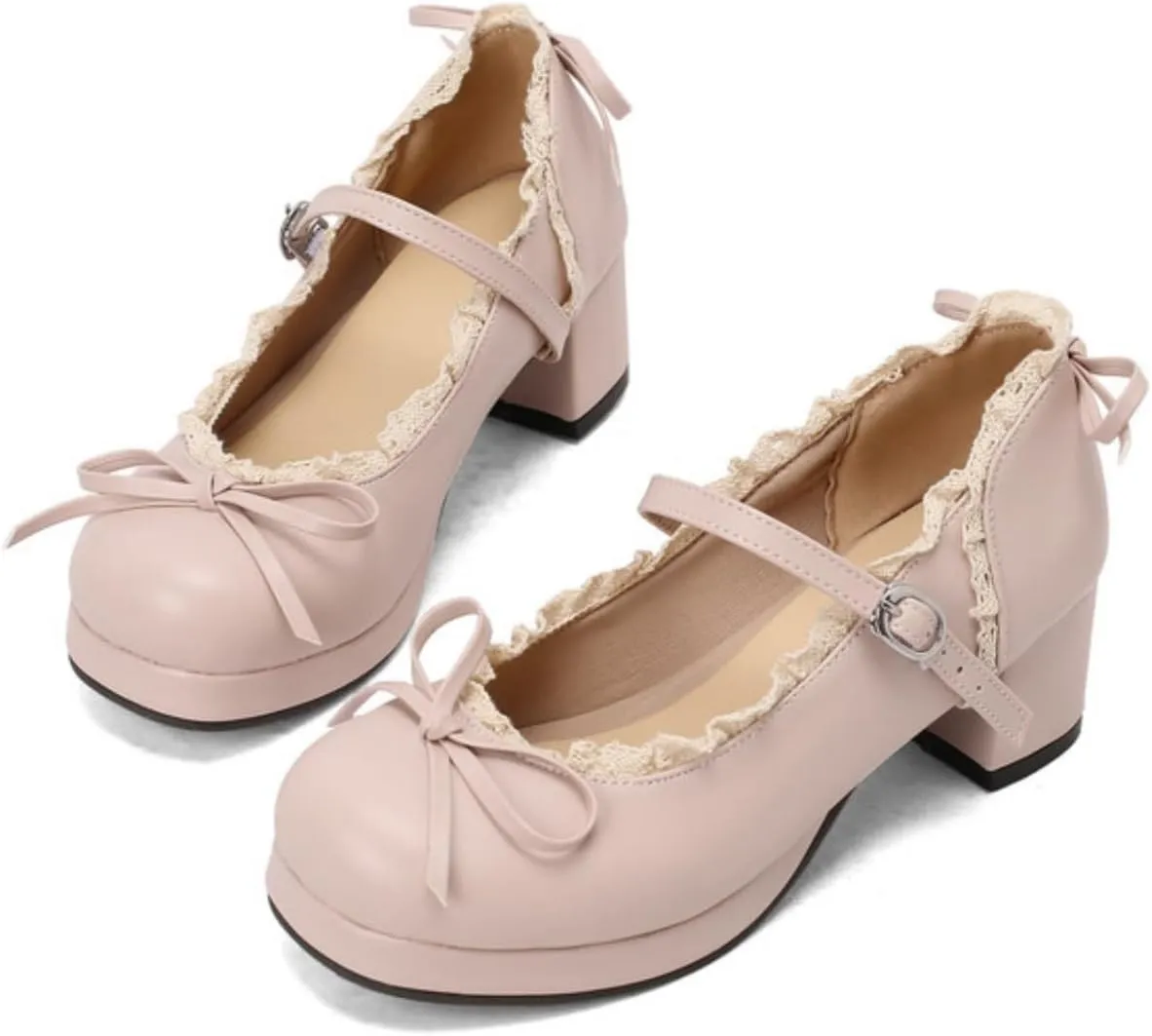 Women's Platform Mary Janes Cute Sweet Bow Lolita Oxfords Shoes Fashion Lace Round Closed Toe Ankle Strap Buckle Low Chunky Heel Block Wedding Party Prom Dress Pumps