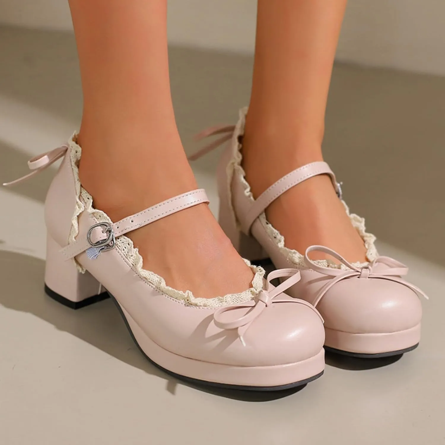 Women's Platform Mary Janes Cute Sweet Bow Lolita Oxfords Shoes Fashion Lace Round Closed Toe Ankle Strap Buckle Low Chunky Heel Block Wedding Party Prom Dress Pumps