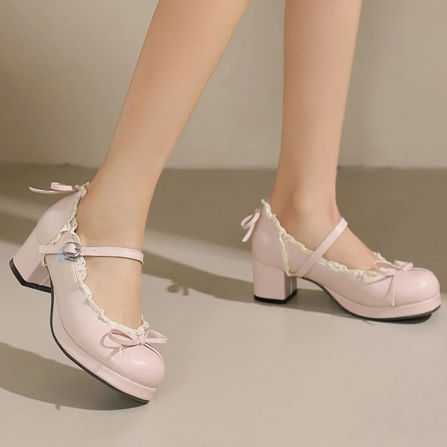 Women's Platform Mary Janes Cute Sweet Bow Lolita Oxfords Shoes Fashion Lace Round Closed Toe Ankle Strap Buckle Low Chunky Heel Block Wedding Party Prom Dress Pumps