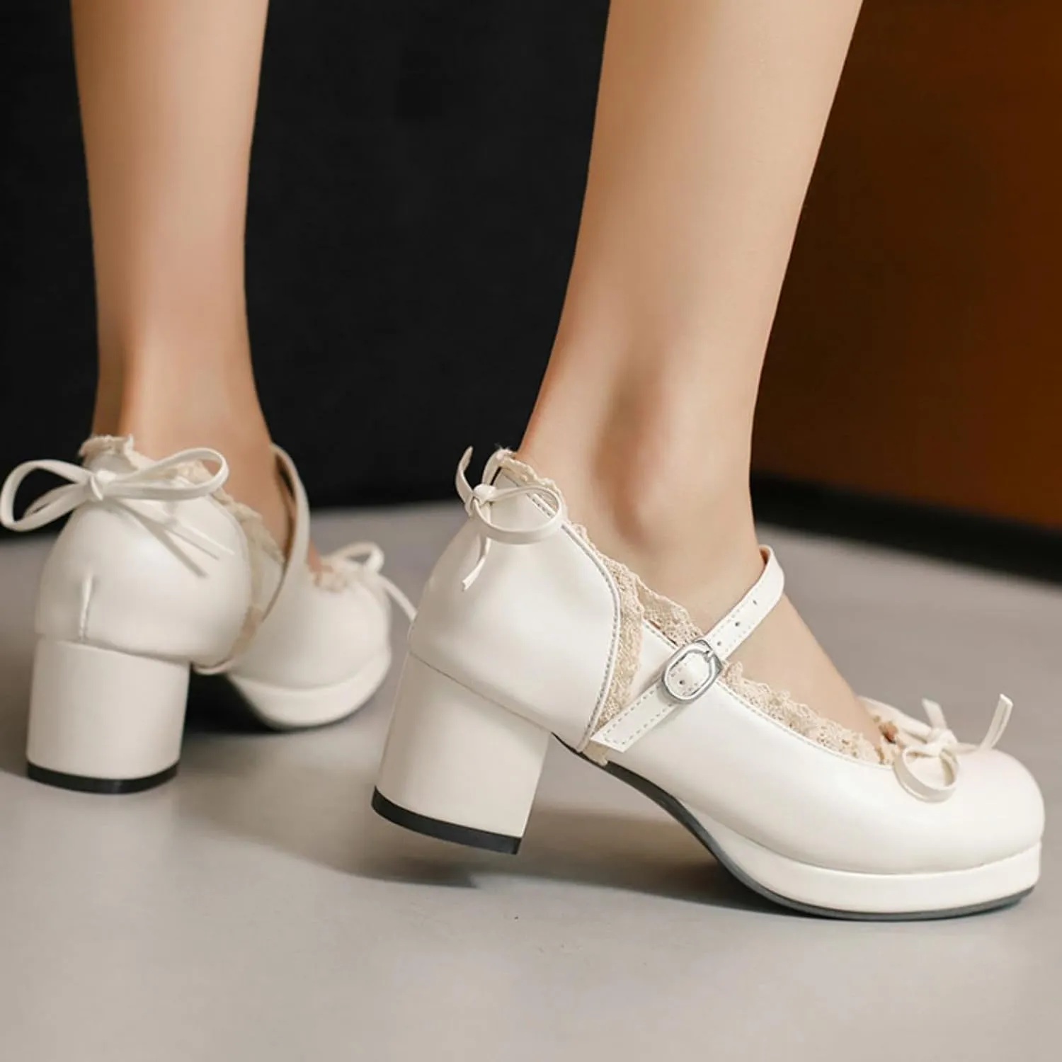 Women's Platform Mary Janes Cute Sweet Bow Lolita Oxfords Shoes Fashion Lace Round Closed Toe Ankle Strap Buckle Low Chunky Heel Block Wedding Party Prom Dress Pumps