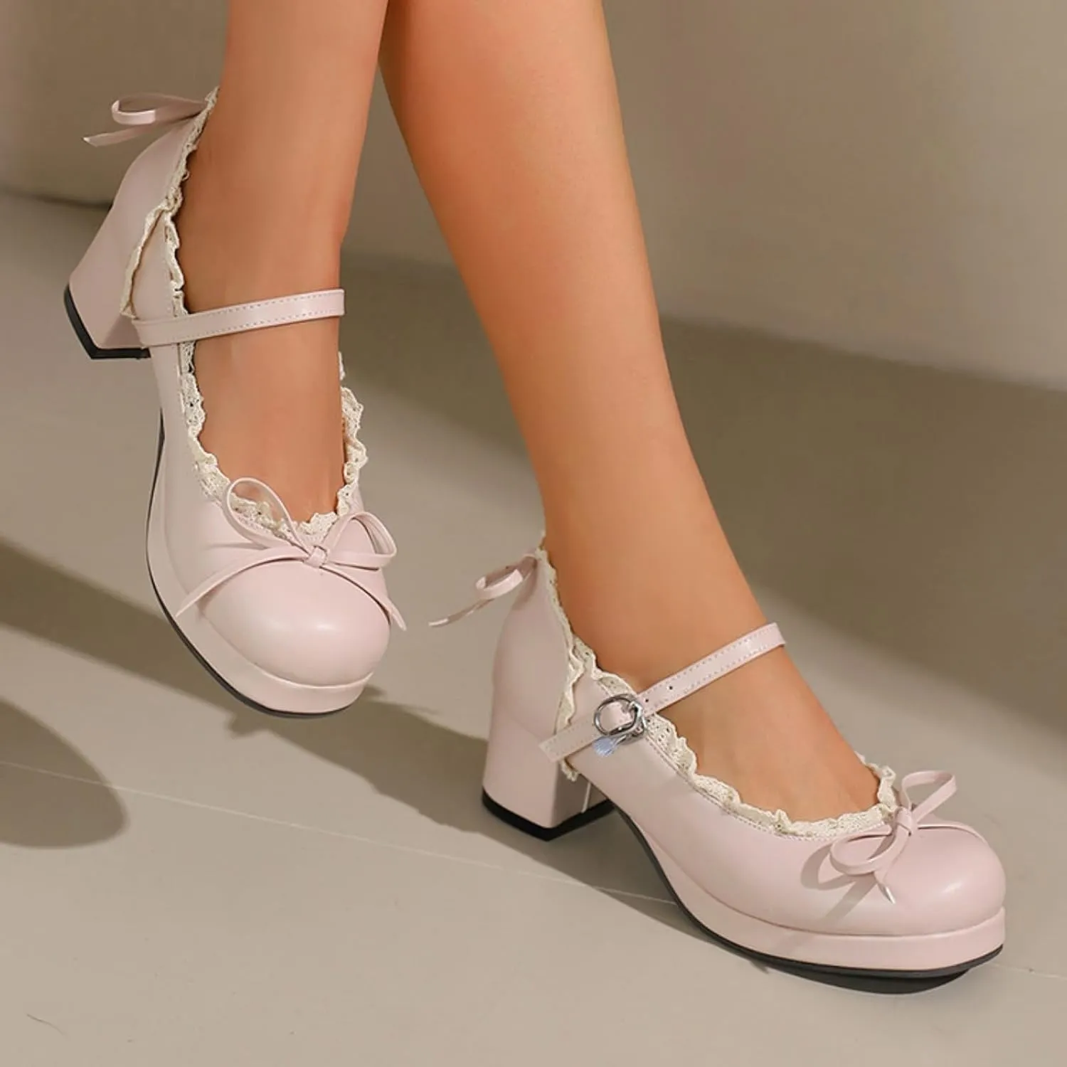 Women's Platform Mary Janes Cute Sweet Bow Lolita Oxfords Shoes Fashion Lace Round Closed Toe Ankle Strap Buckle Low Chunky Heel Block Wedding Party Prom Dress Pumps