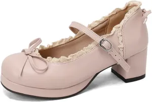 Women's Platform Mary Janes Cute Sweet Bow Lolita Oxfords Shoes Fashion Lace Round Closed Toe Ankle Strap Buckle Low Chunky Heel Block Wedding Party Prom Dress Pumps