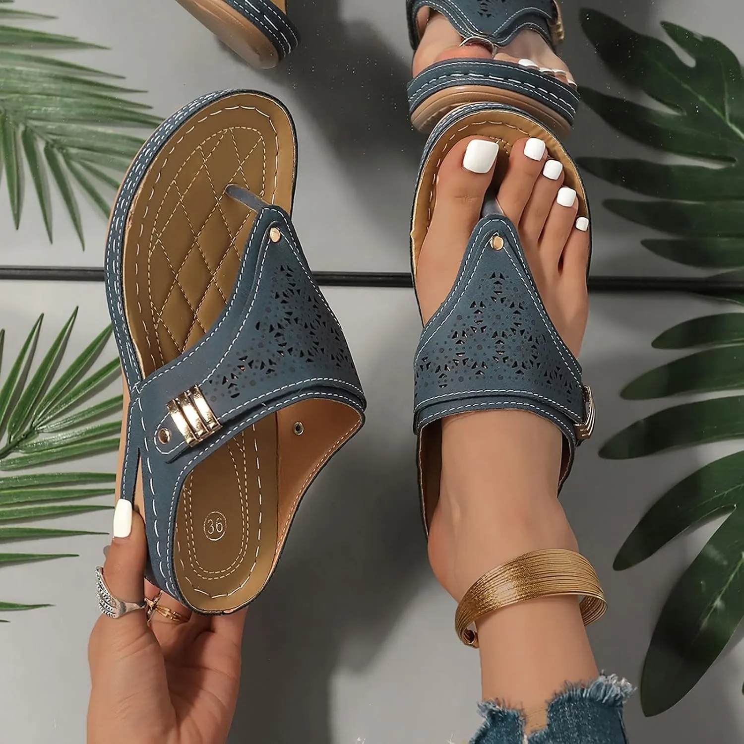 Womens Sandals 2025 Orthopedic Wide Width Slip-On Dressy Comfortable Summer Shoes Wedge Flip Flops Blue Spring