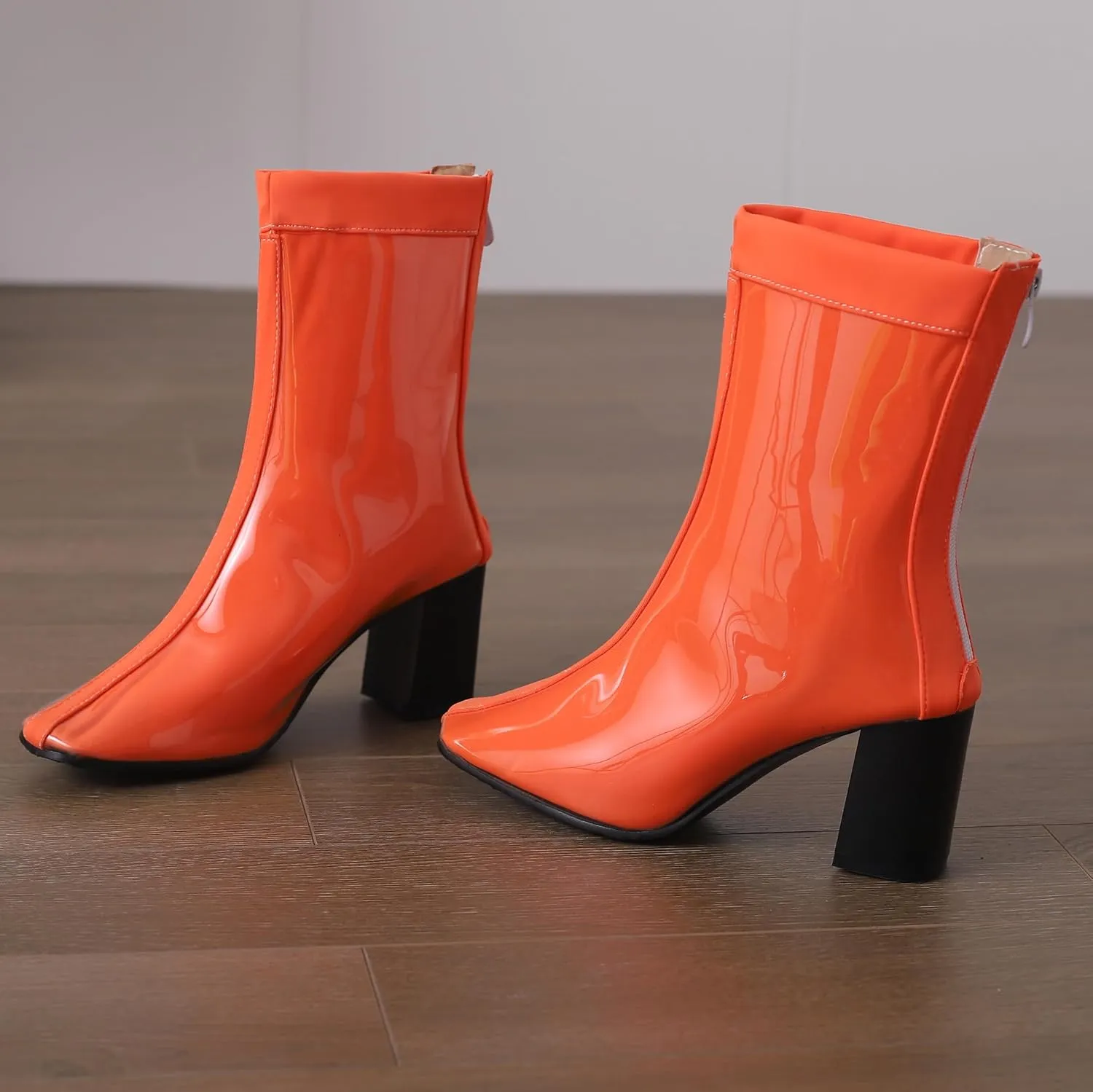 Women's Short Rain Boots Waterproof Rubber Boots Comfort Rainboots Garden Boot Work Booties Round Toe Back Zip Chunky High Heel Ankle Boots