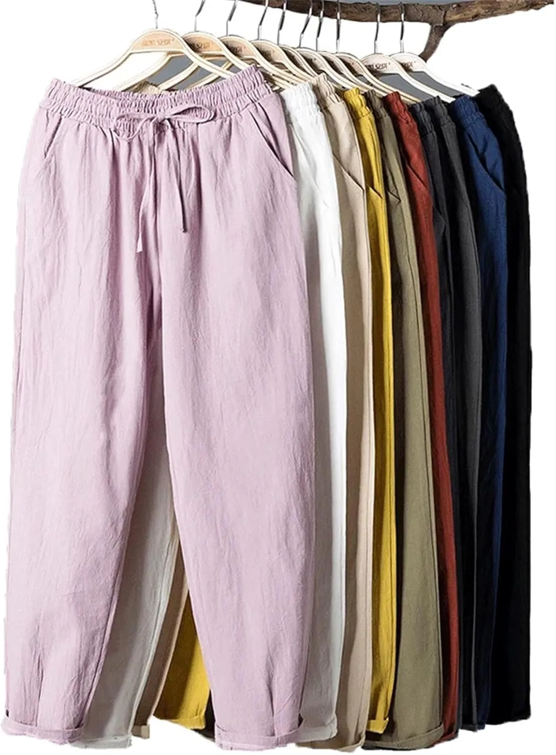 Women's Spring Summer Cotton Straight Leg Pants Solid Elastic Waist Candy Colors Harem Trousers Casual Female Pants