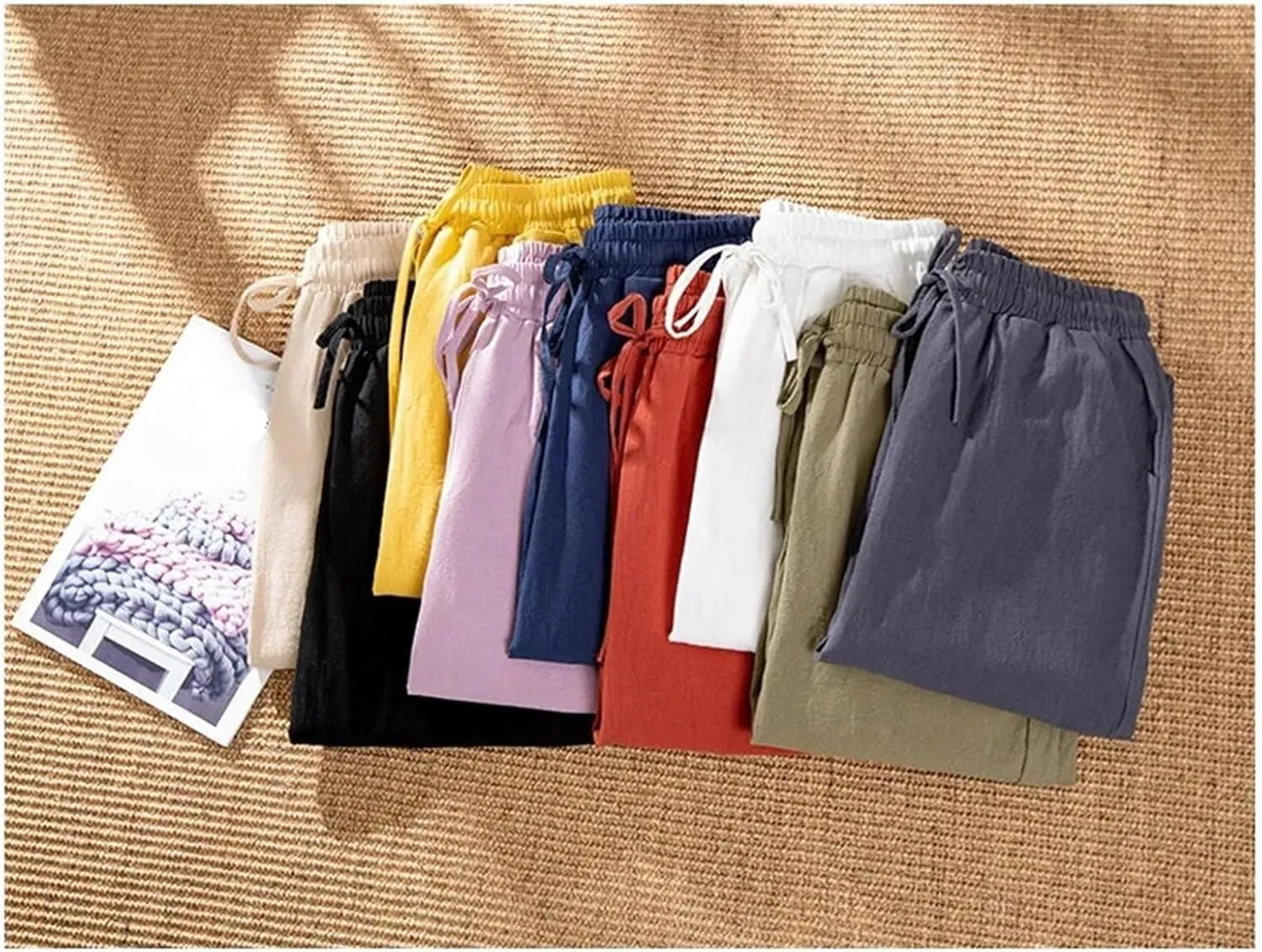 Women's Spring Summer Cotton Straight Leg Pants Solid Elastic Waist Candy Colors Harem Trousers Casual Female Pants