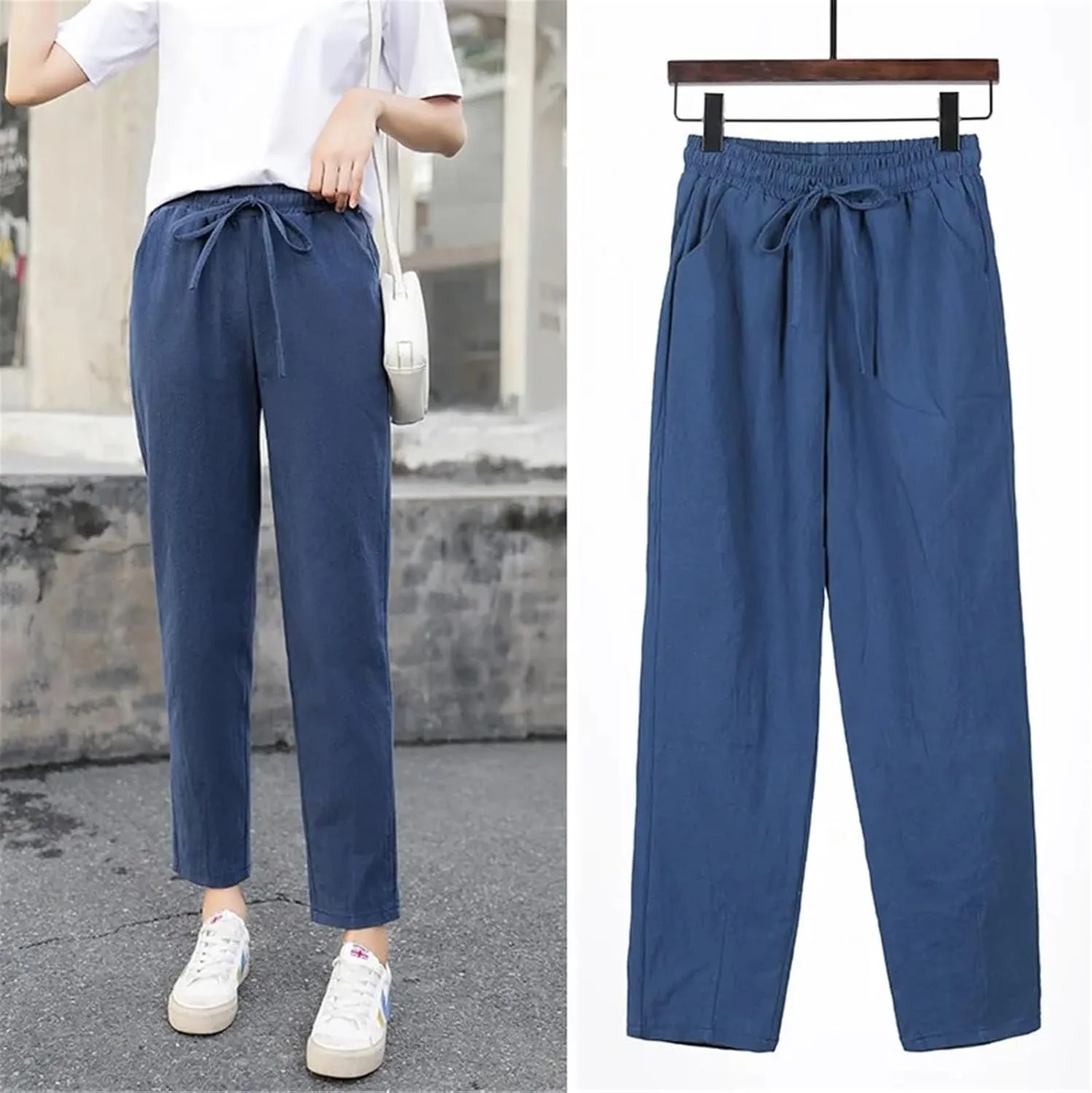 Women's Spring Summer Cotton Straight Leg Pants Solid Elastic Waist Candy Colors Harem Trousers Casual Female Pants