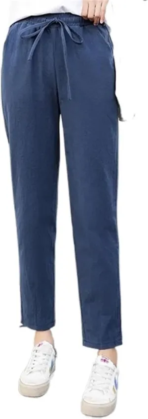 Women's Spring Summer Cotton Straight Leg Pants Solid Elastic Waist Candy Colors Harem Trousers Casual Female Pants