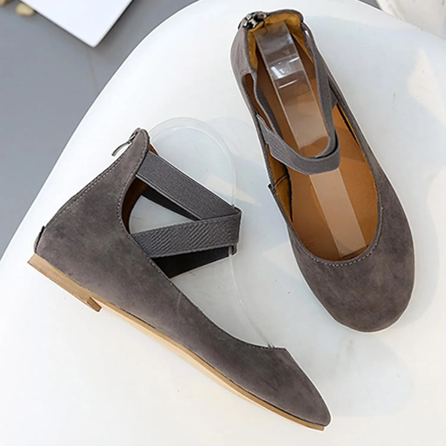 Women's Suede Elastic Strap Ballet Flats with Back Zipper Comfortable Round Toe Soft Sole Non-Slip Elegant Shallow Mouth Low Heel Dress Dance Shoes