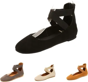Women's Suede Elastic Strap Ballet Flats with Back Zipper Comfortable Round Toe Soft Sole Non-Slip Elegant Shallow Mouth Low Heel Dress Dance Shoes