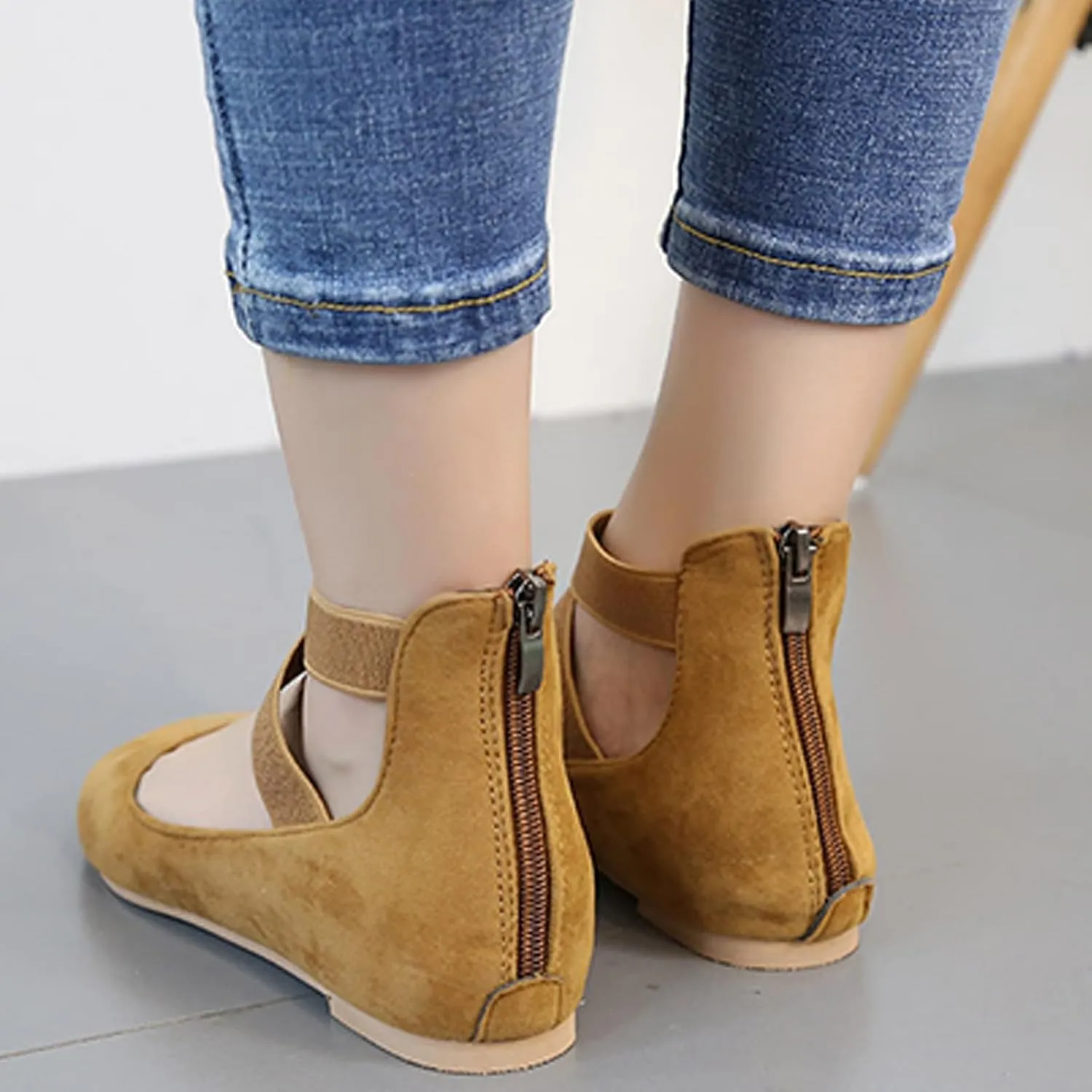 Women's Suede Elastic Strap Ballet Flats with Back Zipper Comfortable Round Toe Soft Sole Non-Slip Elegant Shallow Mouth Low Heel Dress Dance Shoes