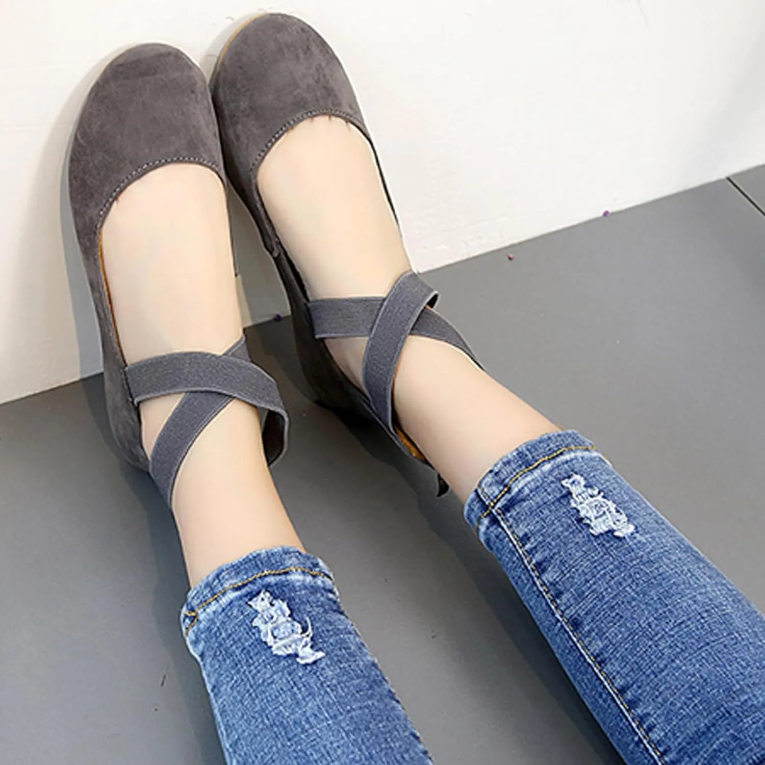 Women's Suede Elastic Strap Ballet Flats with Back Zipper Comfortable Round Toe Soft Sole Non-Slip Elegant Shallow Mouth Low Heel Dress Dance Shoes